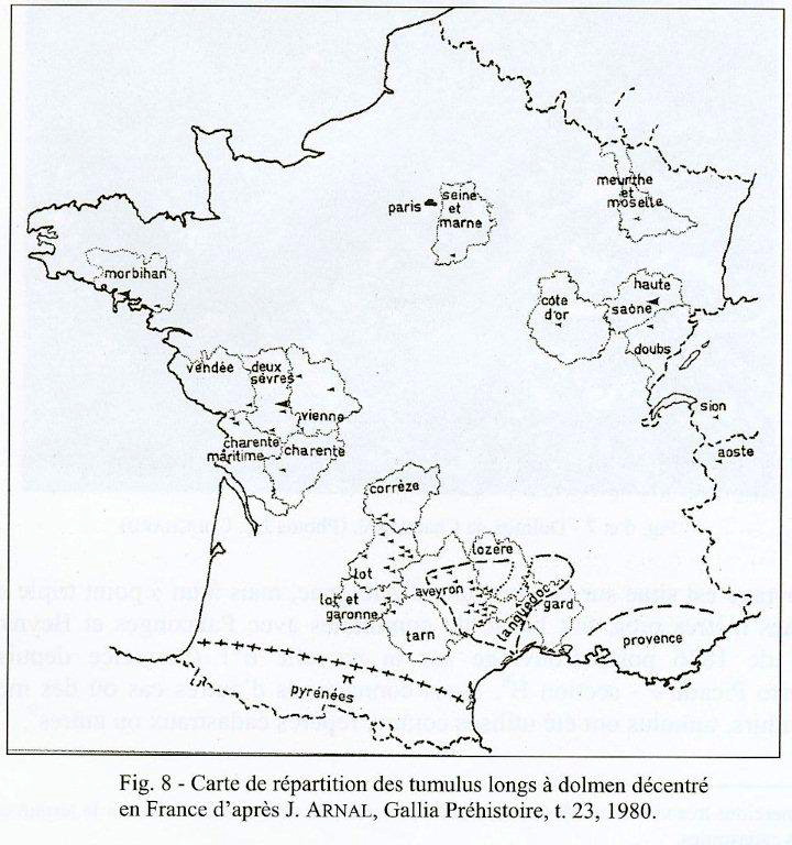 Carte des tumulus longs à dolmen décentré en France
